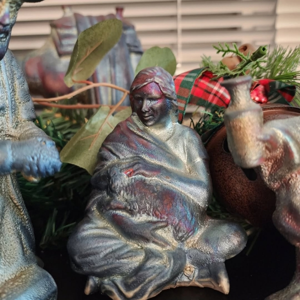 Gorgeous and unique iridescent metal nativity scene / nativity set